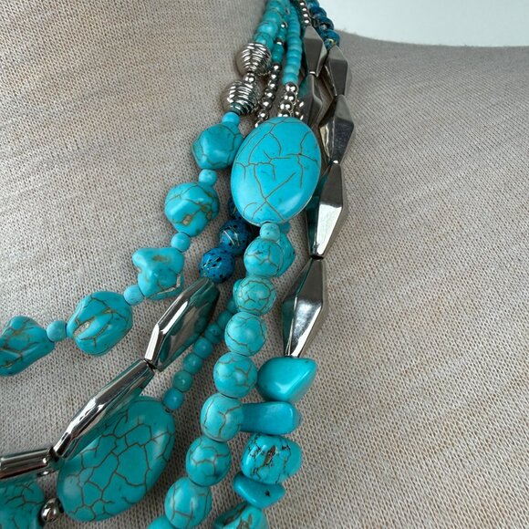 Multi-strand (5) Faux Turquoise Dyed Howlite & Silver Tone Necklace 18.5" Chunky - Picture 3 of 6
